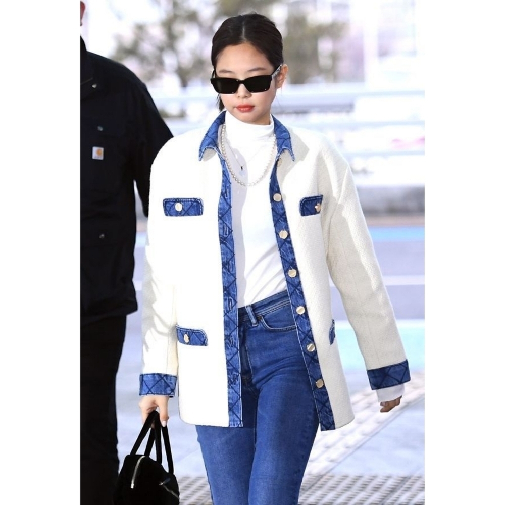 SANDRO Chelby Tweed Denim Jacket White Blue Coat 38 6 Medium